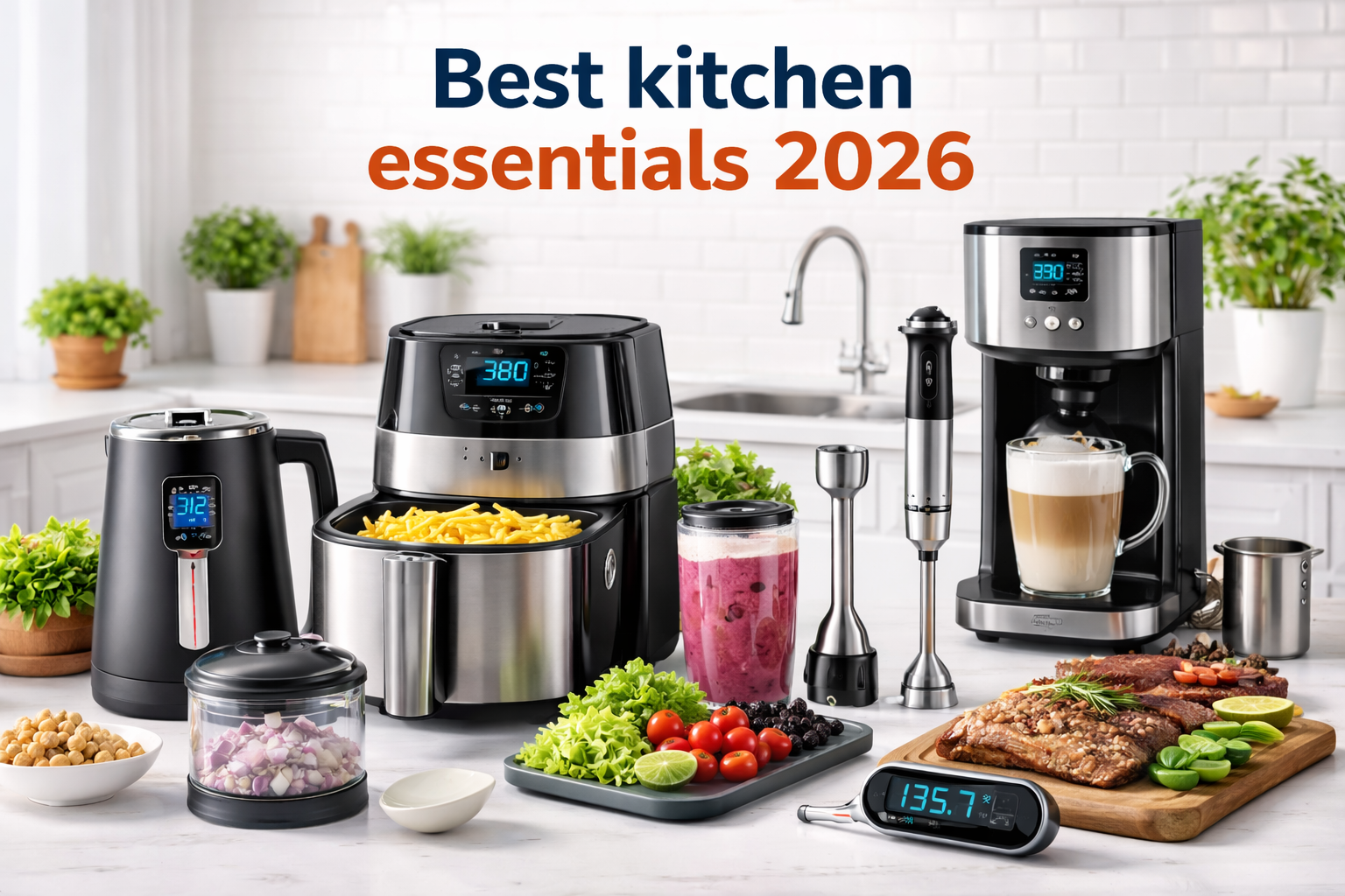 Best Kitchen Essentials 2026 featuring modern appliances and smart cooking gadgets in a bright kitchen setup