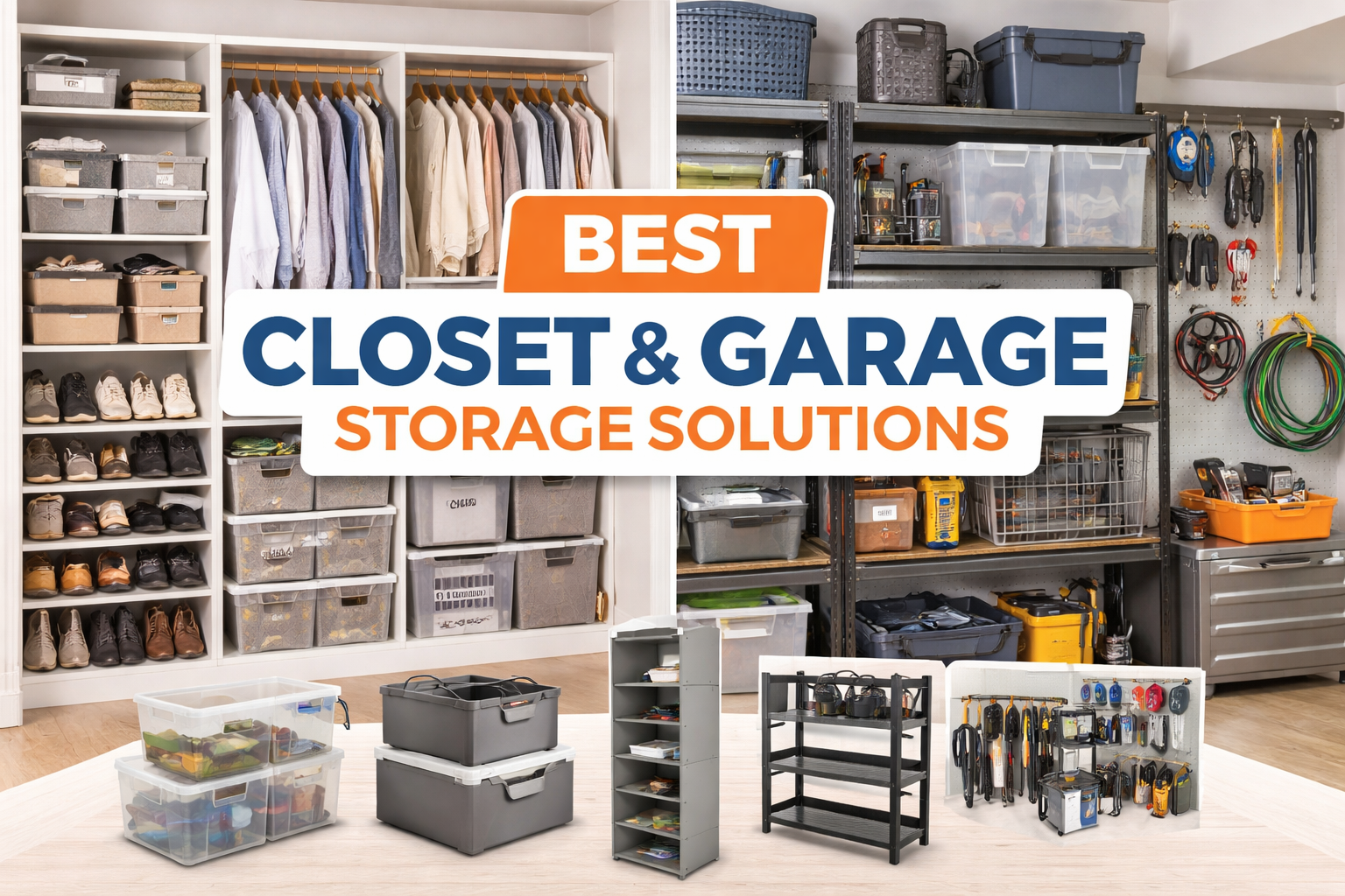 Best closet and garage storage solutions featuring organized closet shelves, stackable storage bins, hanging closet organizers, and heavy-duty garage shelving racks for smart home organization.